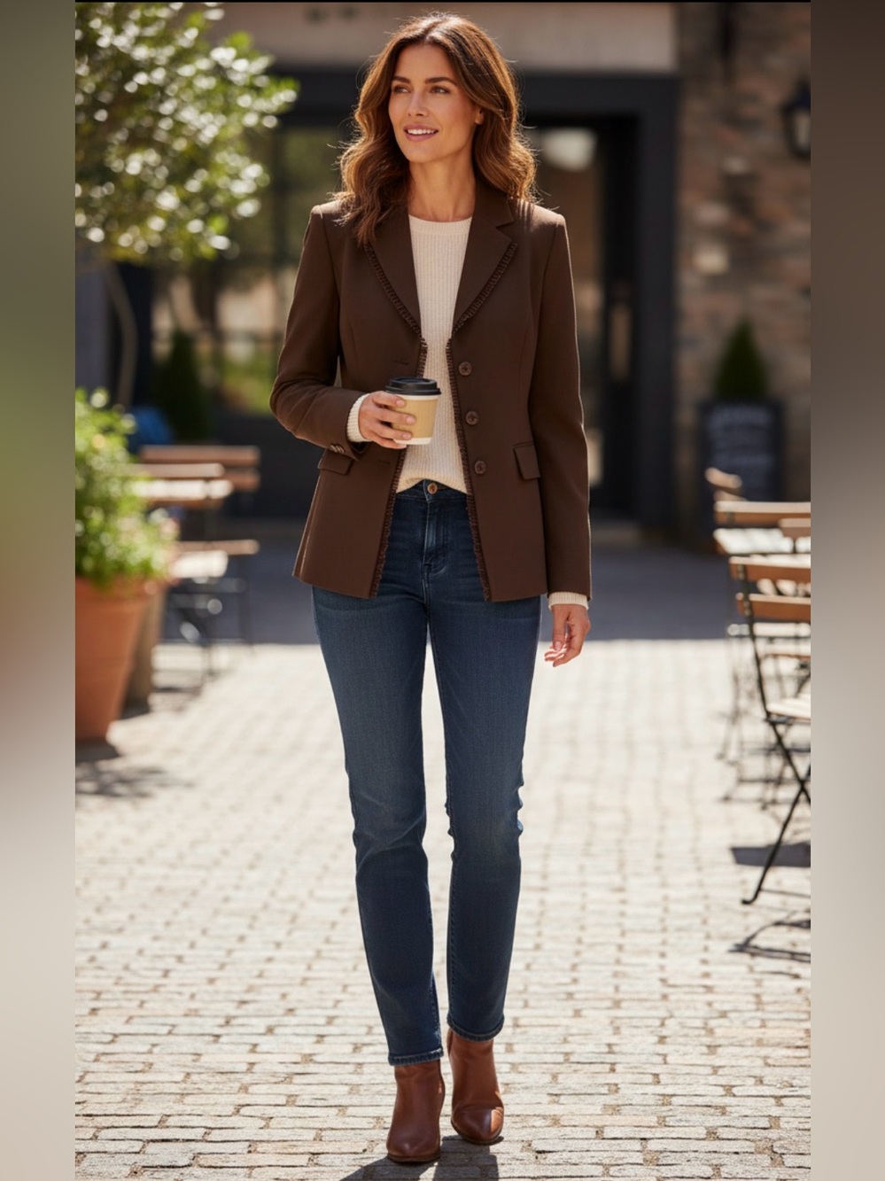 Women’s Size 4‎ Brown Blazer 3 Button Ruffle Pockets Lined Career Classic Office